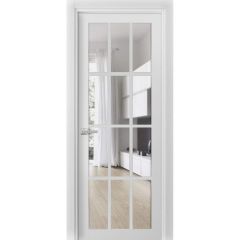 Solid French Door Clear Glass 12 lites | Felicia 3355 White Silk | Single Regular Panel Frame Trims Handle | Bathroom Bedroom Sturdy Doors -18" x 80"