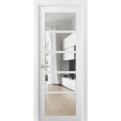 Solid Interior French | Quadro 4522 White Silk with Clear Glass | Single Regular Panel Frame Trims Handle | Bathroom Bedroom Sturdy Doors 