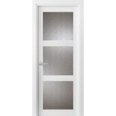 Solid Interior French | Lucia 2588 White Silk with Rain Glass | Single Regular Panel Frame Trims Handle | Bathroom Bedroom Sturdy Doors