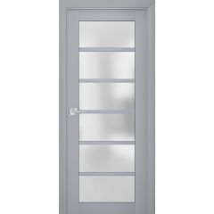 Interior Solid French Door | Veregio 7602 Matte Grey with Frosted Glass | Single Regular Panel Frame Trims Handle | Bathroom Bedroom Sturdy Doors 