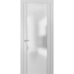Modern Solid French Door Frosted Glass with Handle | Planum 4114 White Silk | Single Regural Panel Frame Trims | Bathroom Bedroom Sturdy Doors 