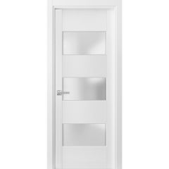 Solid French Door Frosted Glass 3 Lites | Lucia 4070 White Silk | Single Regular Panel Frame Trims Handle | Bathroom Bedroom Sturdy Doors 