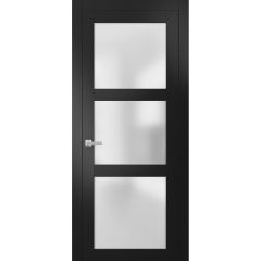 Solid French Door | Lucia 2552 Matte Black with Frosted Glass | Single Regular Panel Frame Trims Handle | Bathroom Bedroom Sturdy Doors 