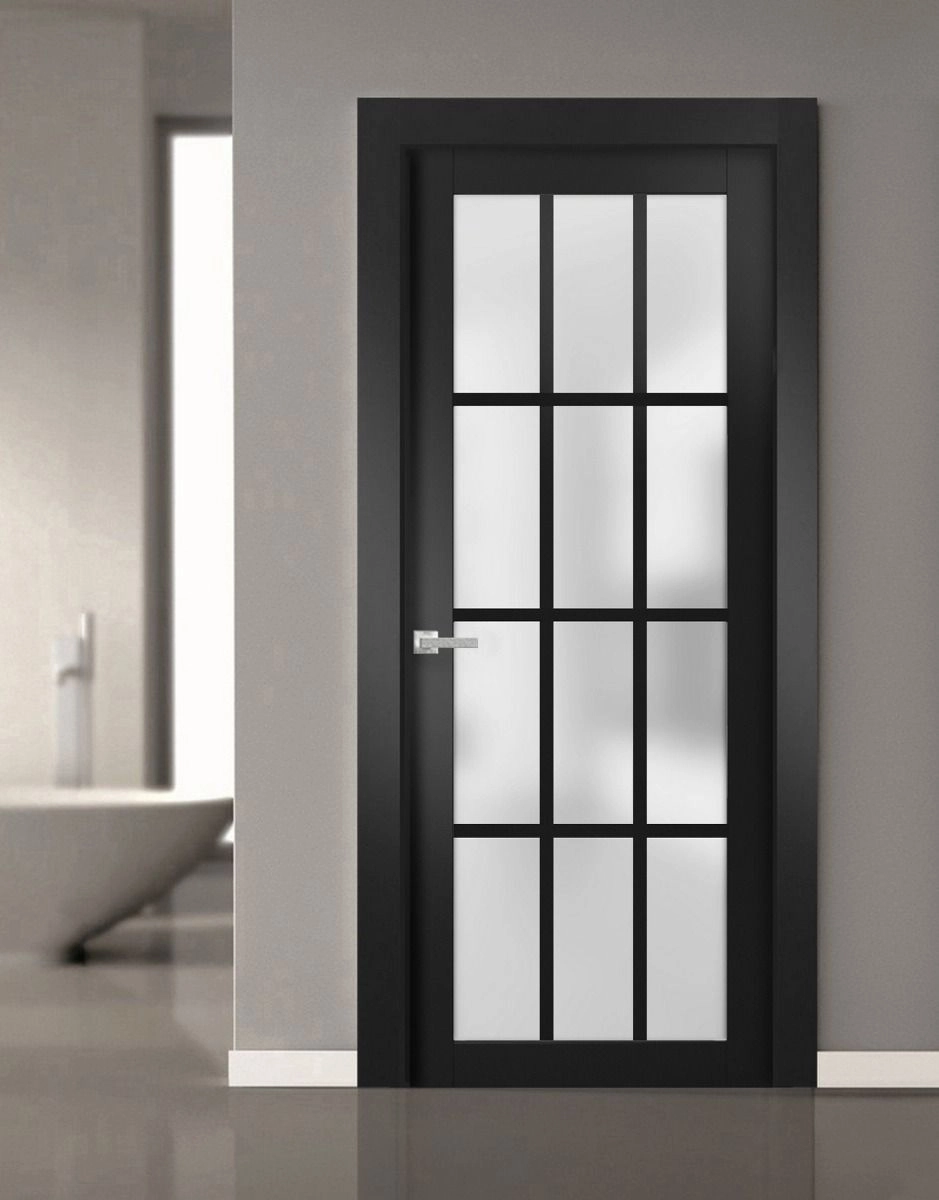 Single solid core classic interior swing door with frosted glass