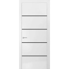 Modern Solid Interior Door with Handle | Planum 0015 White Silk and Aluminum Strips | Single Regural Panel Frame Trims | Bathroom Bedroom Sturdy Doors