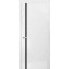 Modern Solid Interior Door with Handle | Planum 0016 White Silk and Aluminum Strips | Single Regural Panel Frame Trims | Bathroom Bedroom Sturdy Doors
