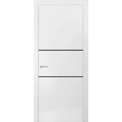 Modern Solid Interior Door with Handle | Planum 0014 White Silk and Aluminum Strips | Single Regural Panel Frame Trims | Bathroom Bedroom Sturdy Doors