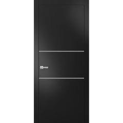Modern Solid Interior Door with Handle | Planum 0110 Matte Black and Aluminum Strips | Single Regural Panel Frame Trims | Bathroom Bedroom Sturdy Doors