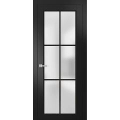 Solid French Door | Planum 2122 Matte Black with Frosted Glass and Aluminum Strips | Wood Solid Panel Frame Trims | Closet Bedroom Sturdy Doors