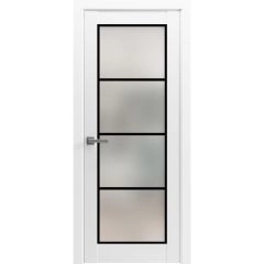 Solid French Door | Planum 2132 White Silk with Frosted Glass and Aluminum Strips | Single Regular Panel Frame Trims Handle | Bathroom Bedroom Sturdy Doors