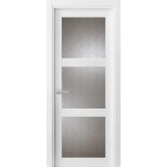 Solid Interior French | Lucia 2588 White Silk with Rain Glass 18" x 84" | Single Regular Panel Frame Trims Handle | Bathroom Bedroom Sturdy Doors