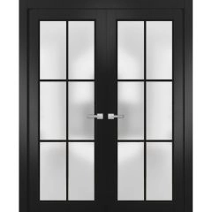 Solid French Double Doors | Planum 2122 Matte Black with Frosted Glass and Aluminum Strips | Wood Solid Panel Frame Trims | Closet Bedroom Sturdy Doors